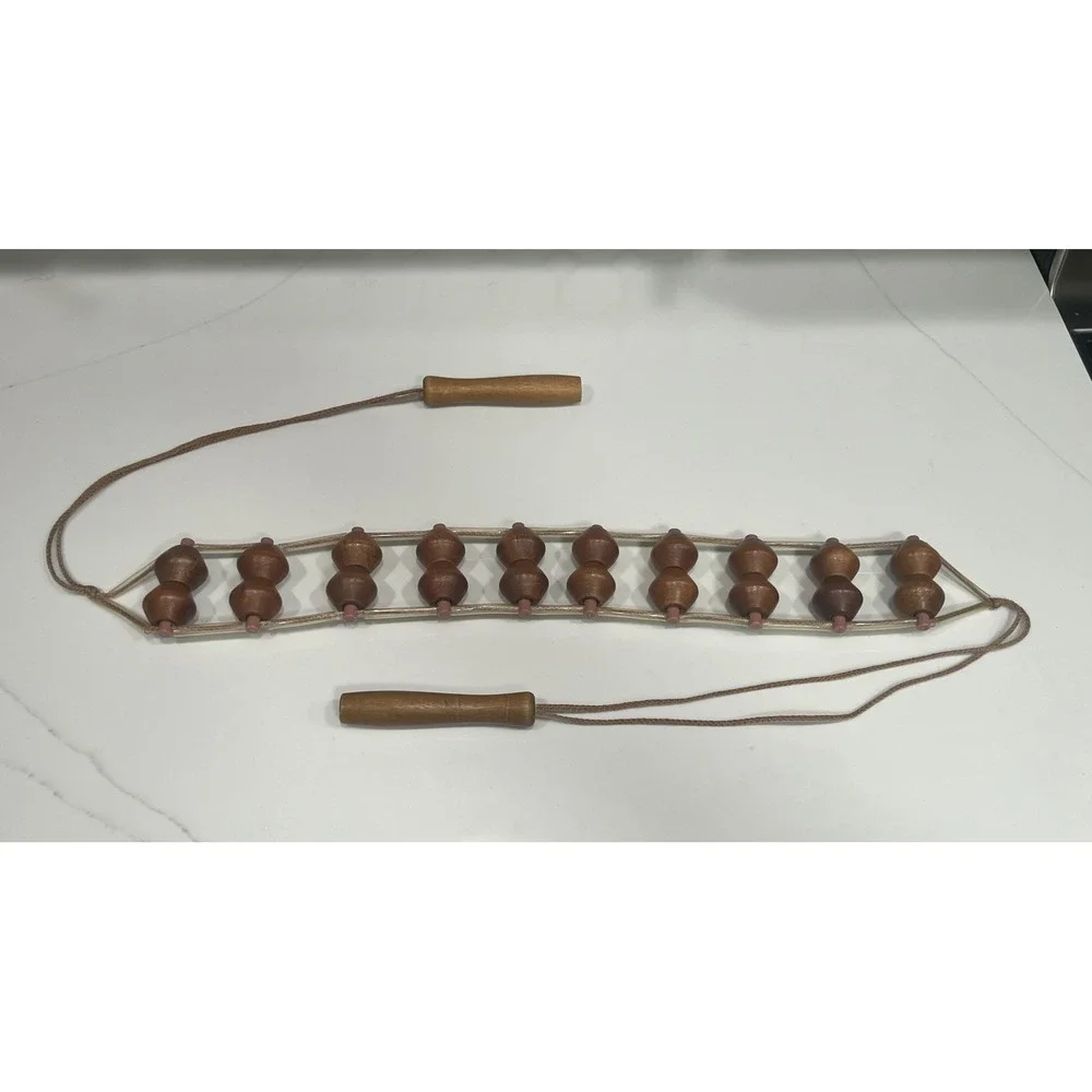 Vintage Wooden Bead Back Massager Rope Roller Manual Deep Tissue Trigger Point
